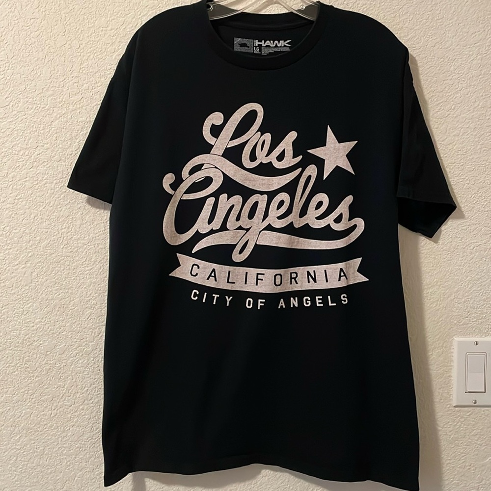 Tony Hawk 100% cotton black tee with tan Los Angeles graphic, size Large